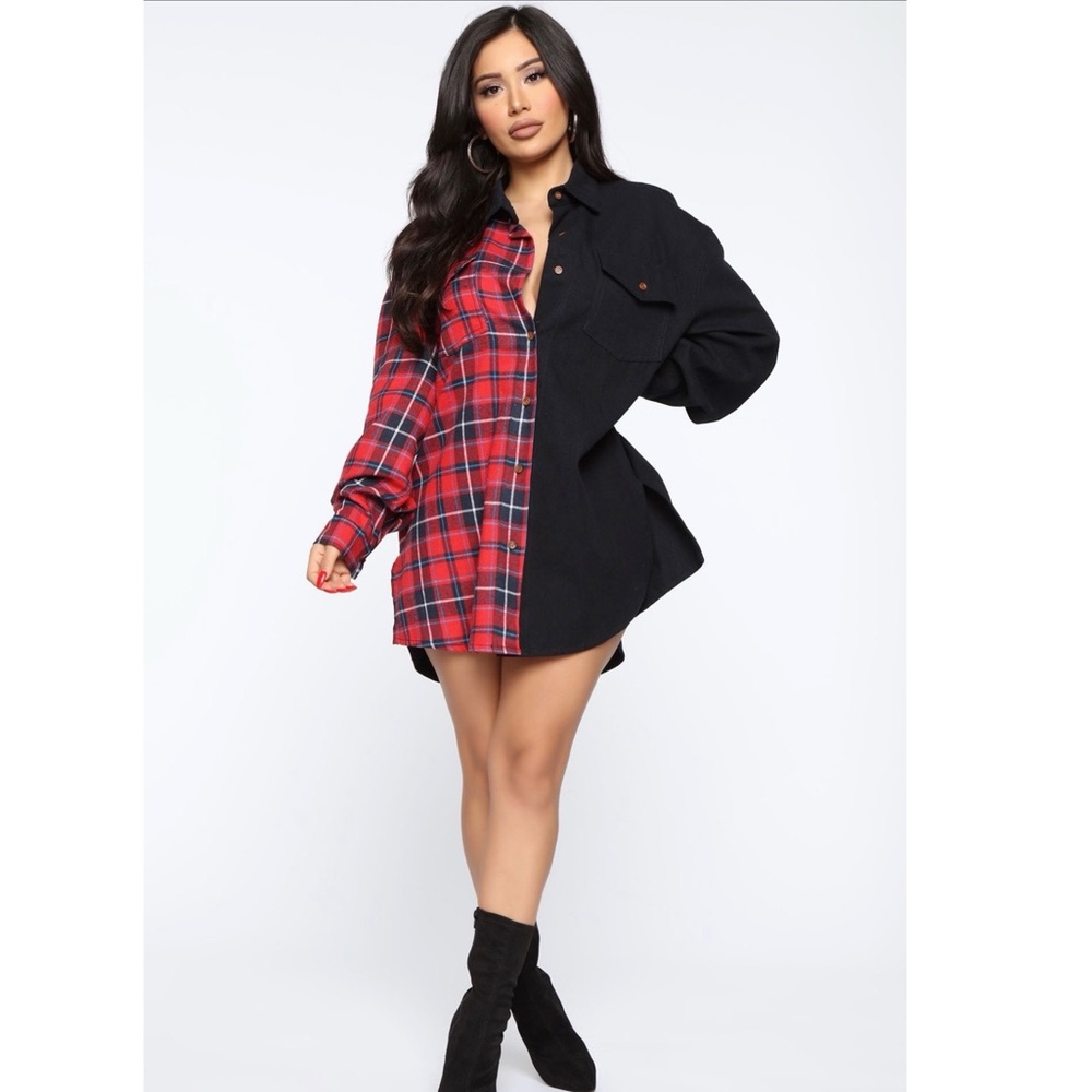 🔥 Half Red Plaid & Black Tunic Denim Top 🔥